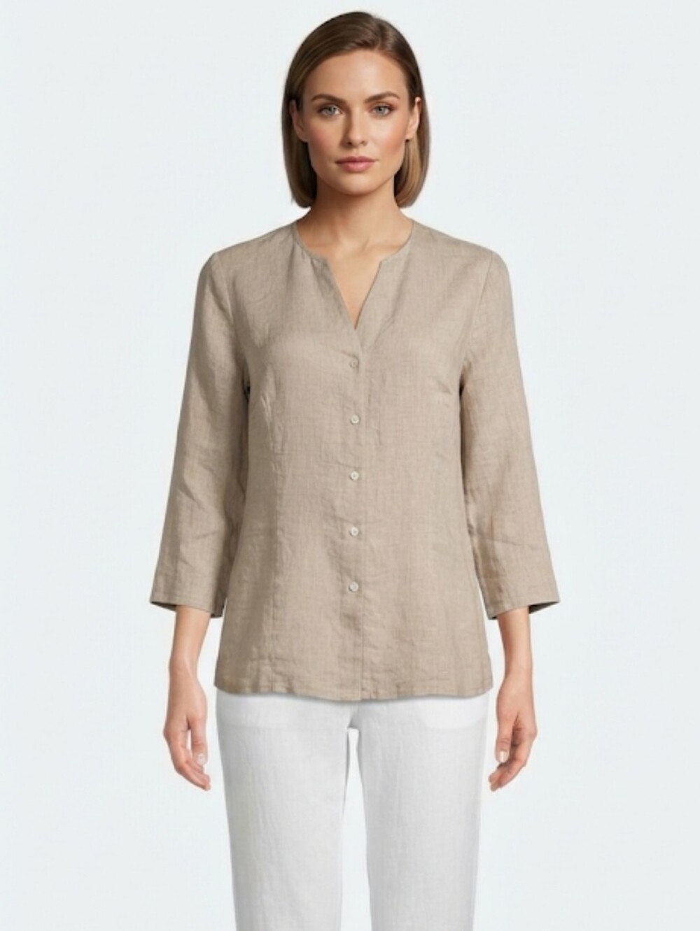 Eileen Fisher light tan 3/4-sleeve button-up linen blouse with a V-neck Size PM